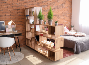 studio apartment with geometric bookcase