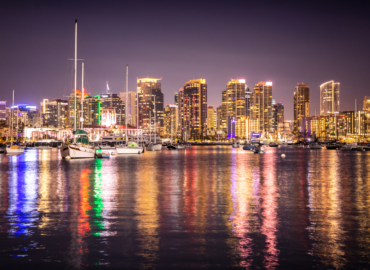 Skyline of San Diego businesses at night