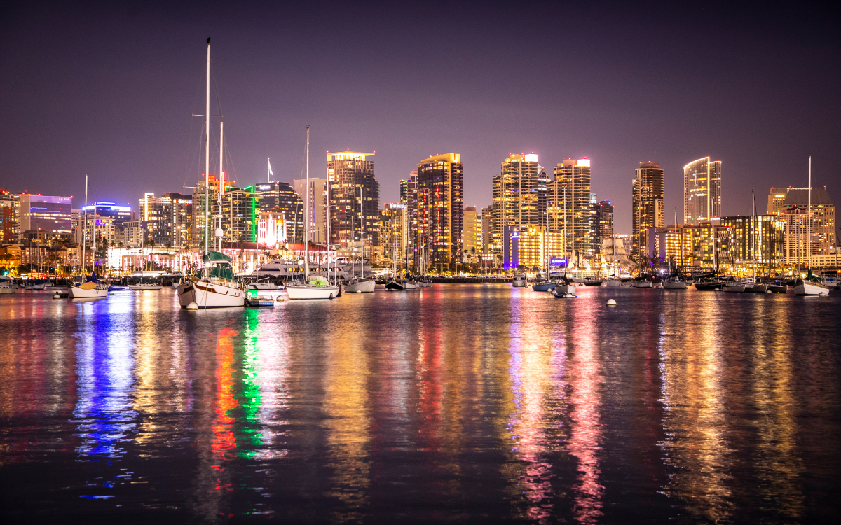 Skyline of San Diego businesses at night
